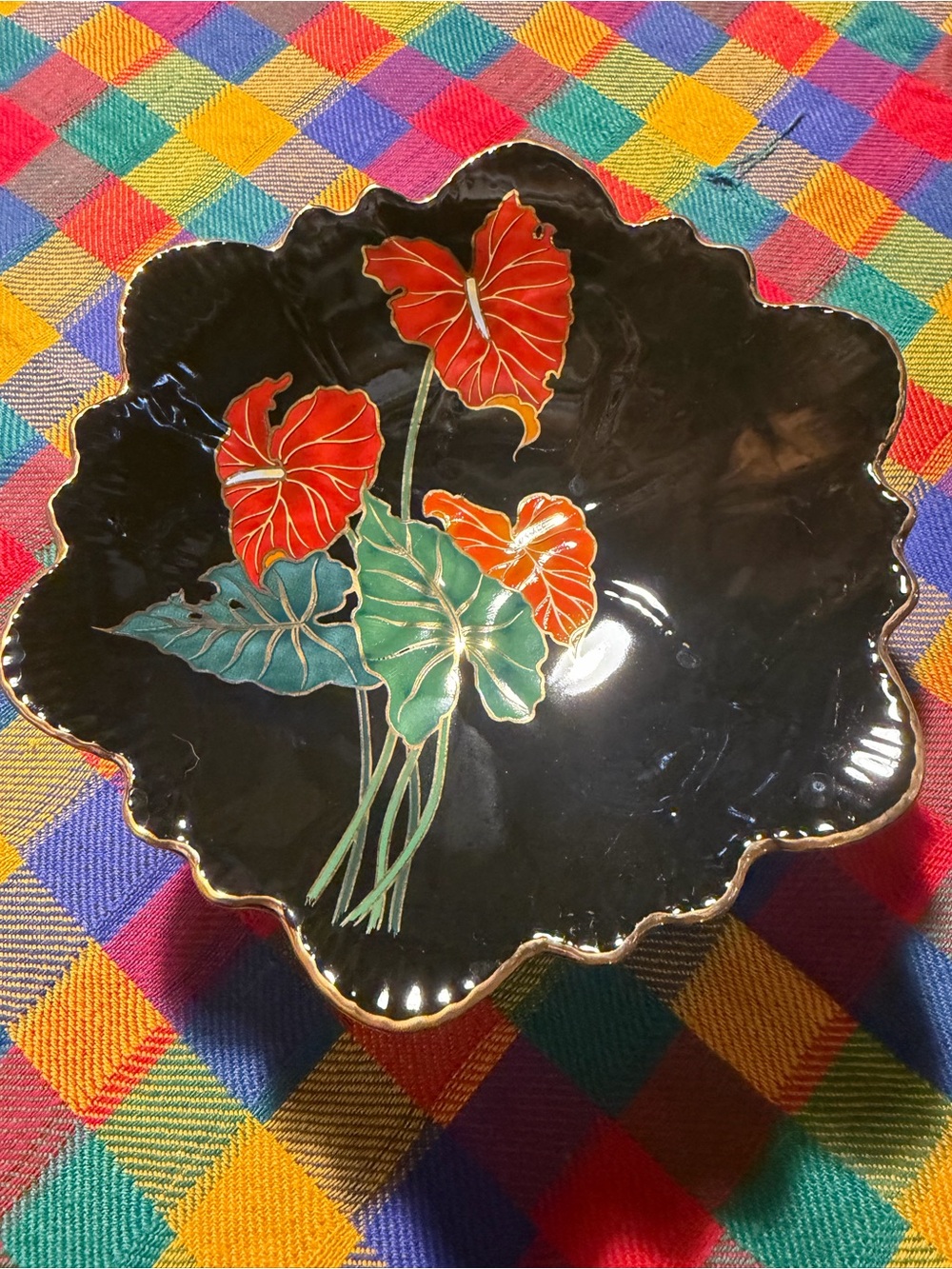 Vintage Hand Painted Small Pedestal Plate with Anthurium Flowers